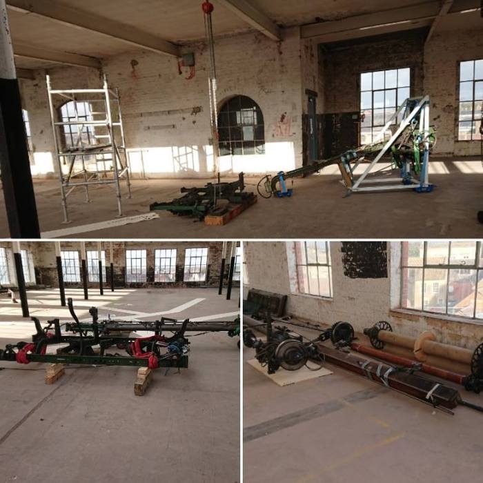 Dobcross loom being moved into its new location on the top floor of Trowbridge Museum