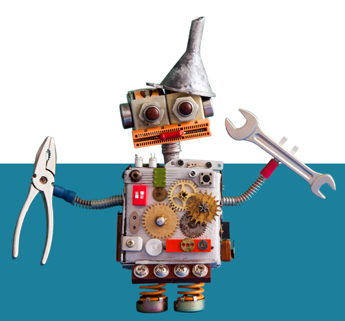 A cartoon robot holding pliers and a spanner